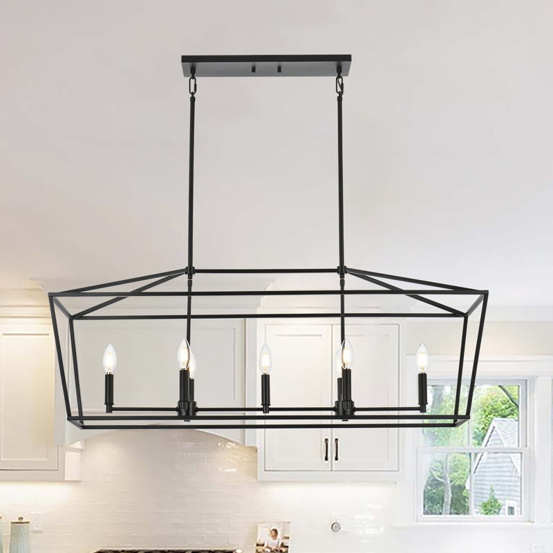 Gracie Oaks 7Light Farmhouse Chandeliers Kitchen Island Cage Linear Pendant Lighting In Black